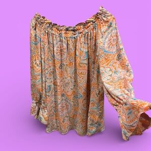 Cute Talbots boho paisley flowy flare sleeve top on or off the shoulder 2X